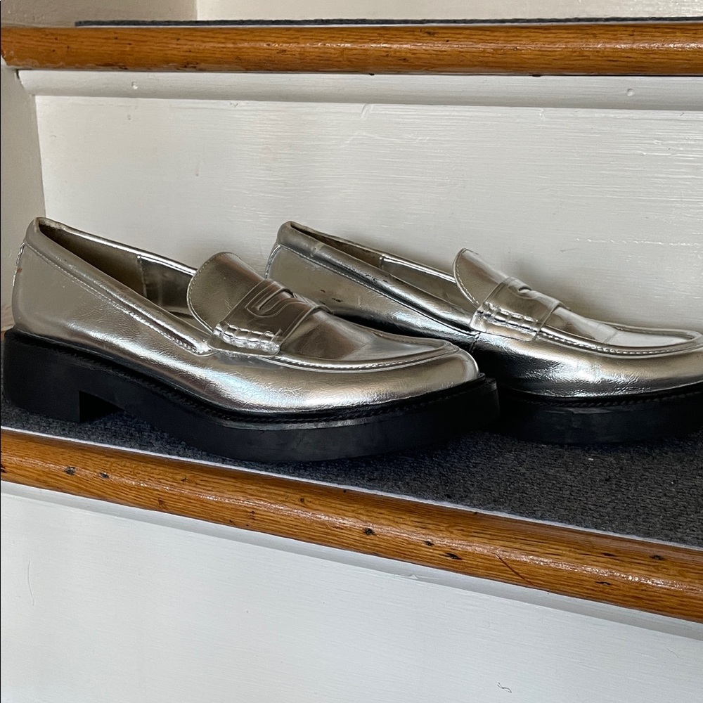 Zara Shiny Silver Platform Loafers